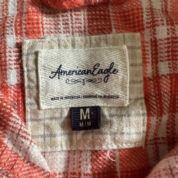 American Eagle Women's M Orange White Plaid Cropped Flannel Button Down Shirt - Picture 4 of 11